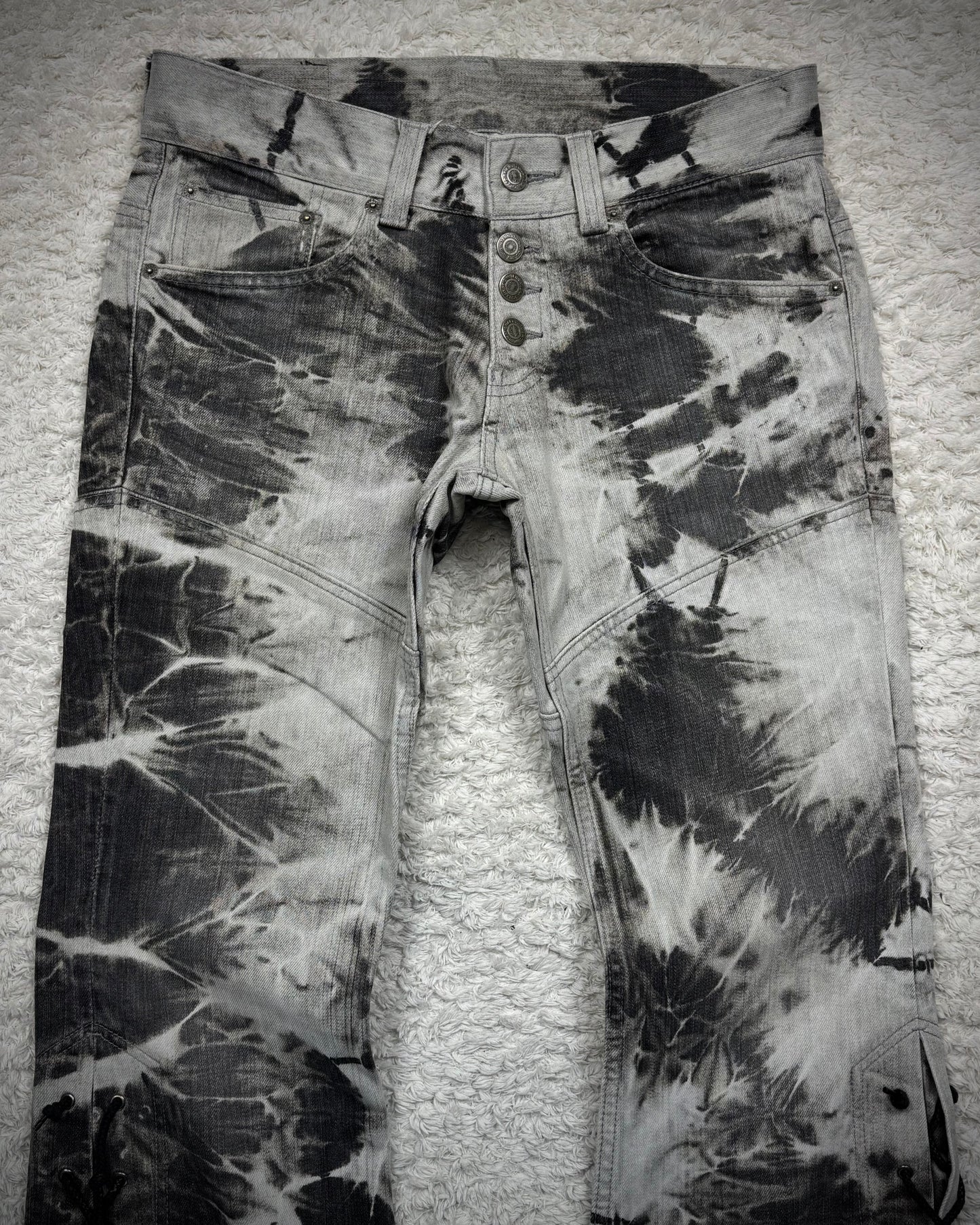 Tornado Mart Ash Marble Washed Raw Hem Lace Up Flared Jeans