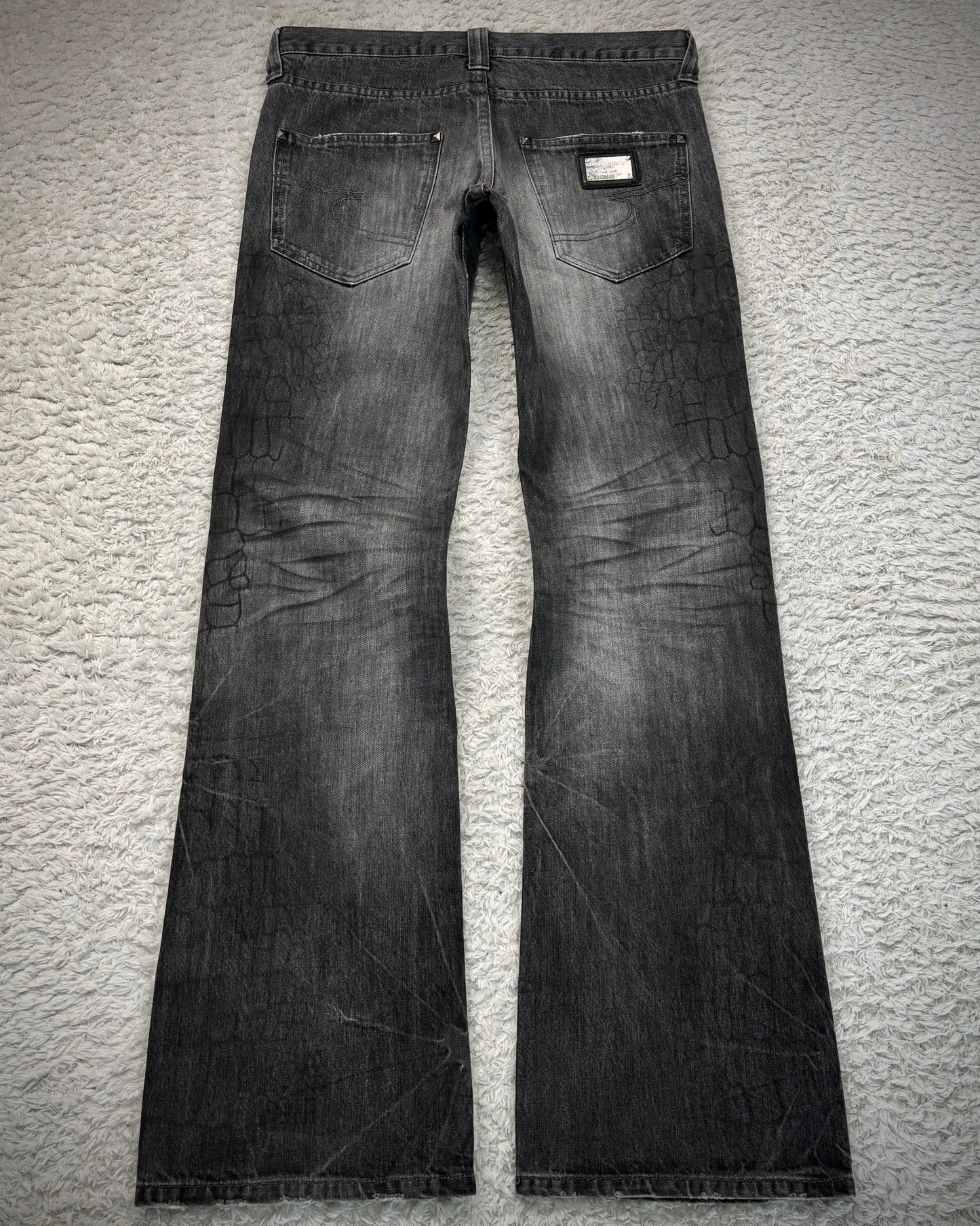 Semantic Design Crocodile Clawmarks Coated Flared Jeans