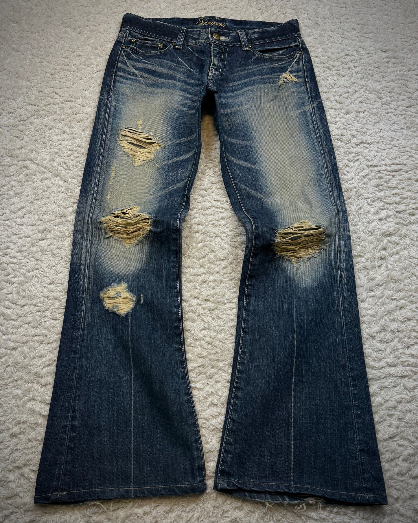 Vanquish Whisker Washed Distressed Flared Jeans