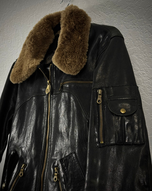Obelisk Fur Collar Sheepskin Leather Jacket