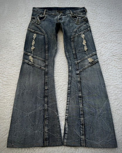 Tornado Mart Multi-Panel Crinkle Washed Flared Jeans