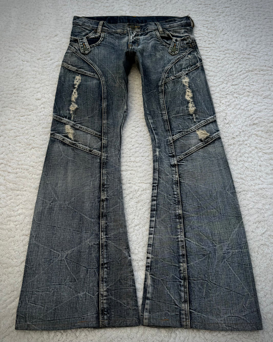 Tornado Mart Multi-Panel Crinkle Washed Flared Jeans