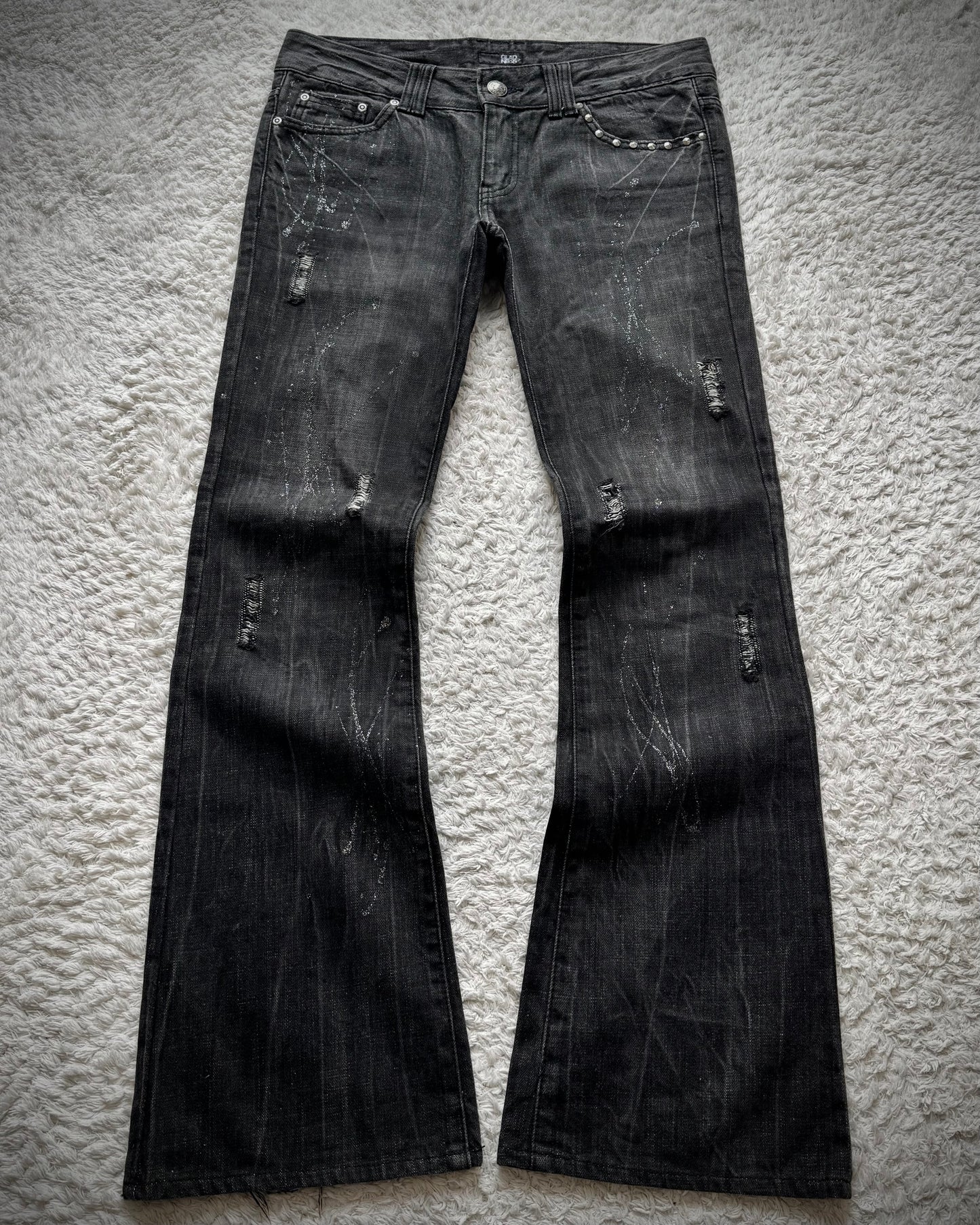 Glad News Silver Splatter Studded Skull Flared Jeans