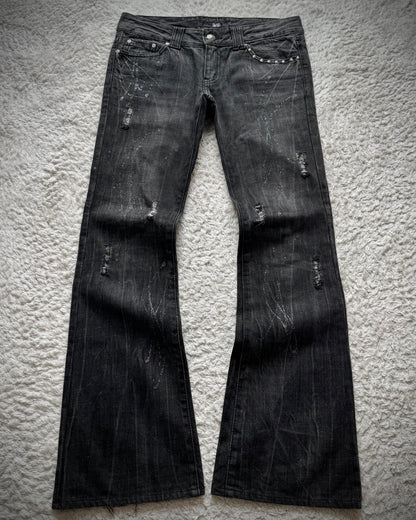 Glad News Silver Splatter Studded Skull Flared Jeans
