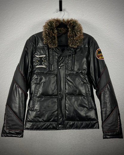 Point Chary Fur Collar Leather Light Puffer Jacket