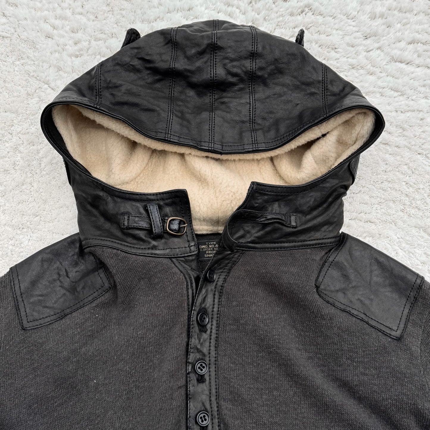 Share Spirit Leather Hood Ribbed Button Up Hoodie