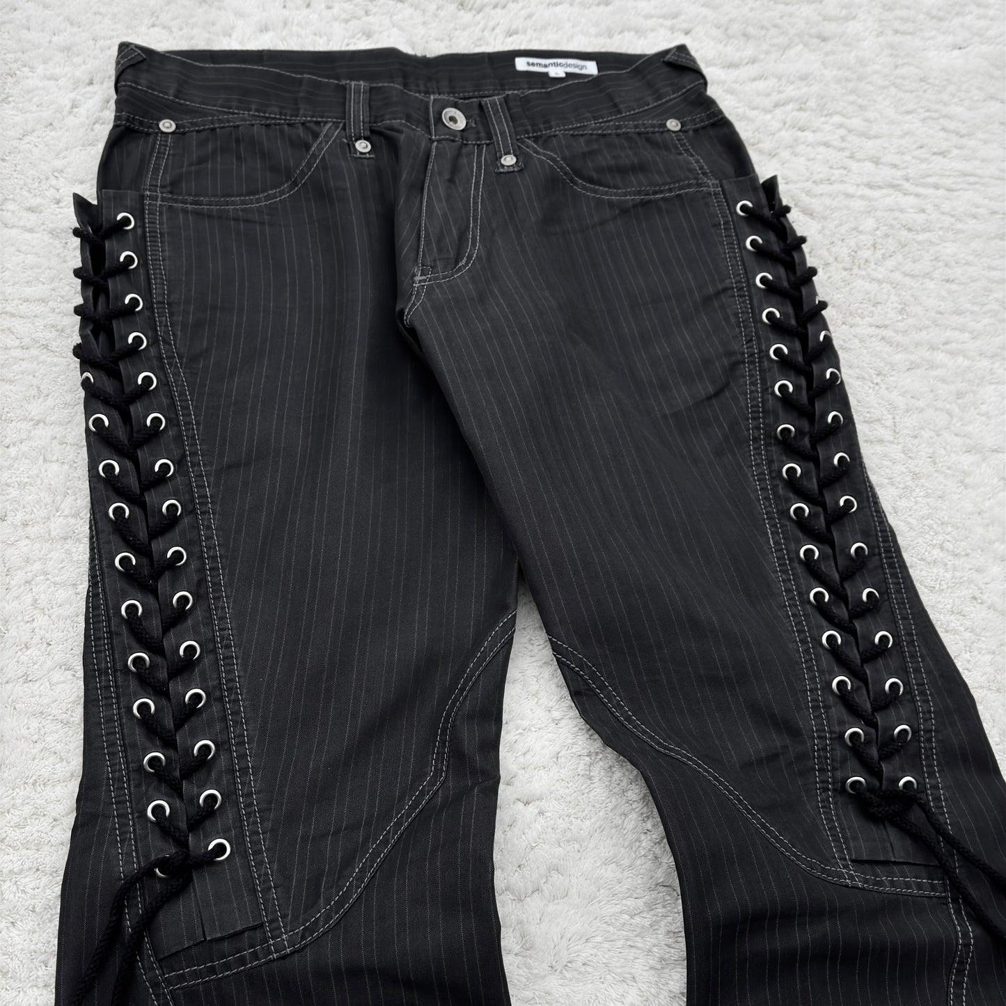 Semantic Design Pinstriped Flared Lace-Up Slacks