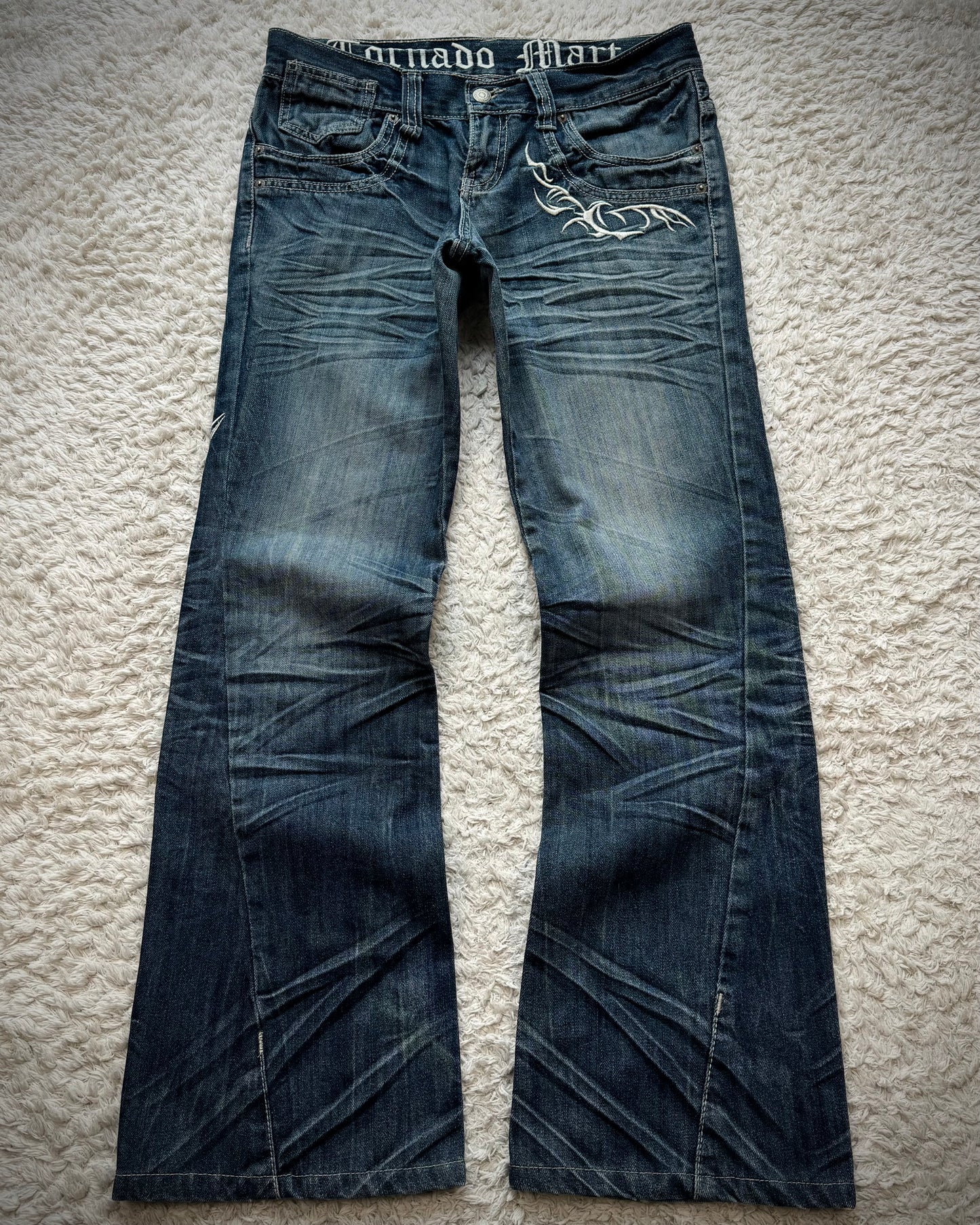 Tornado Mart Tribal Embroidery Whiskered Spiral Flared Jeans