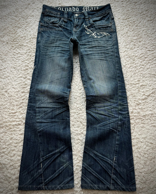Tornado Mart Tribal Embroidery Whiskered Spiral Flared Jeans