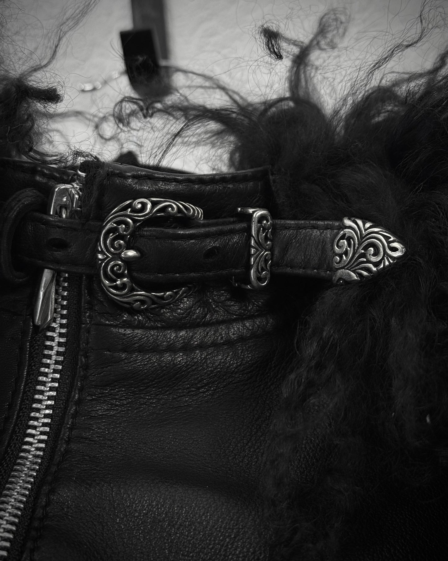 14th Addiction Mouton Fur Cross Zip Leather Jacket