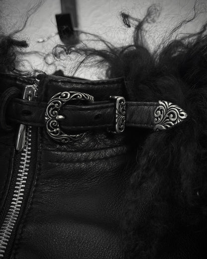 14th Addiction Mouton Fur Cross Zip Leather Jacket