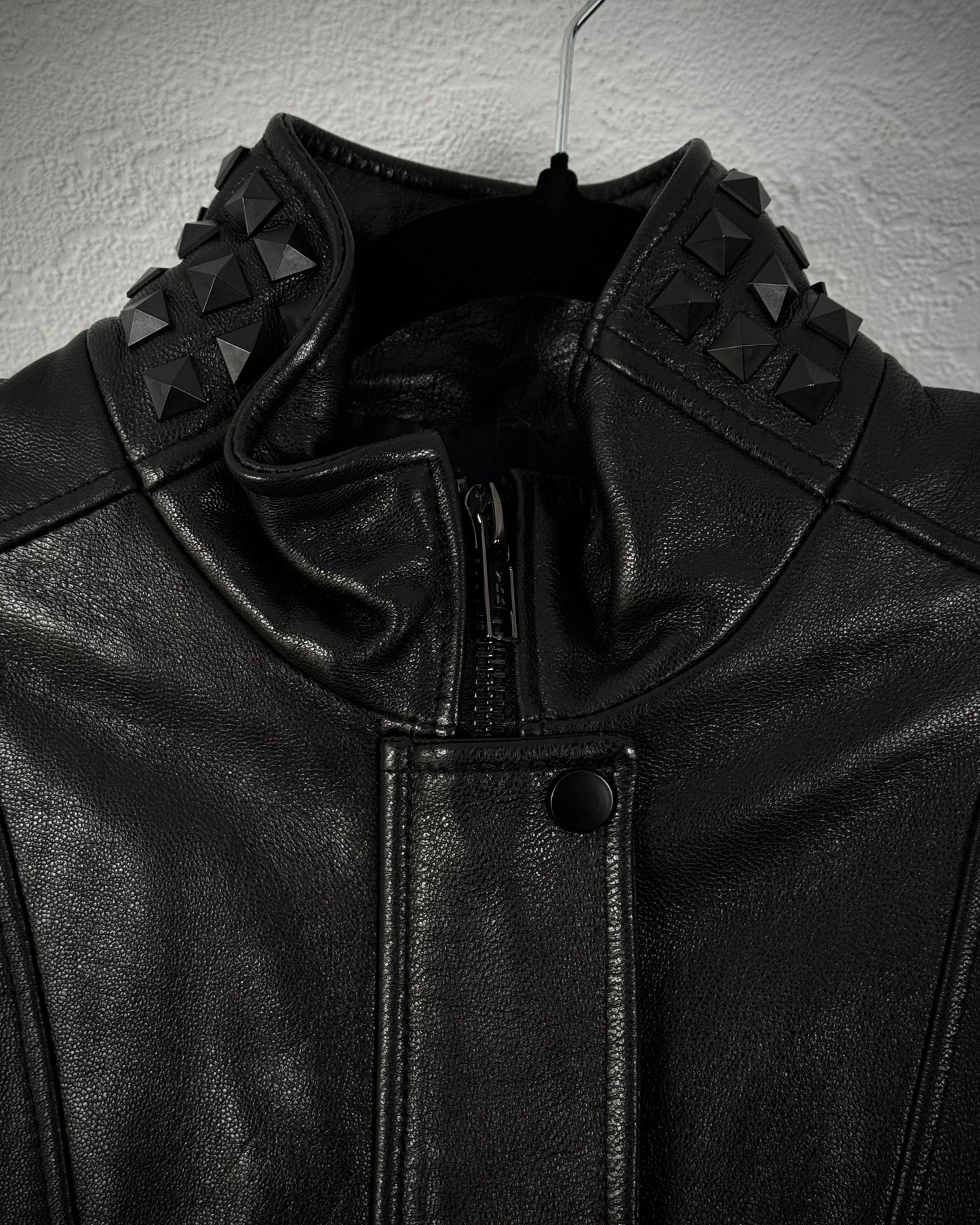 True Religion Studded Sheepskin Leather Biker Jacket