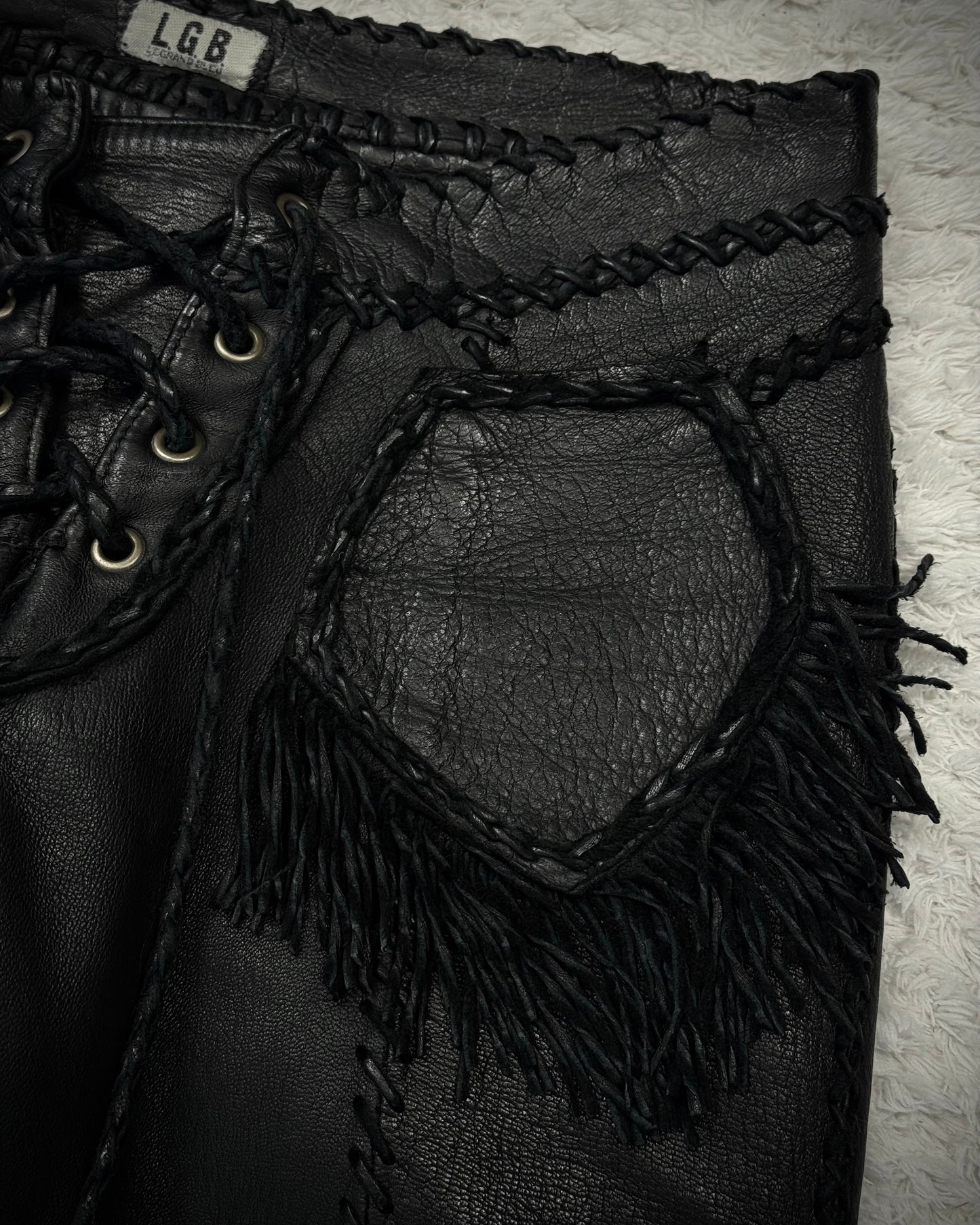 L.G.B. “Carlos” Fringed Scar Stitched Lace Up Flared Leather Pants