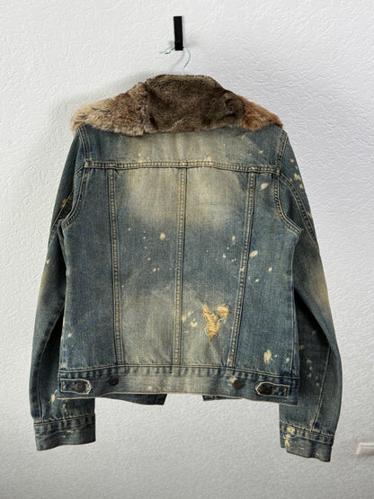 Fuga Mud Washed Chunky Fur Collar Denim Jacket