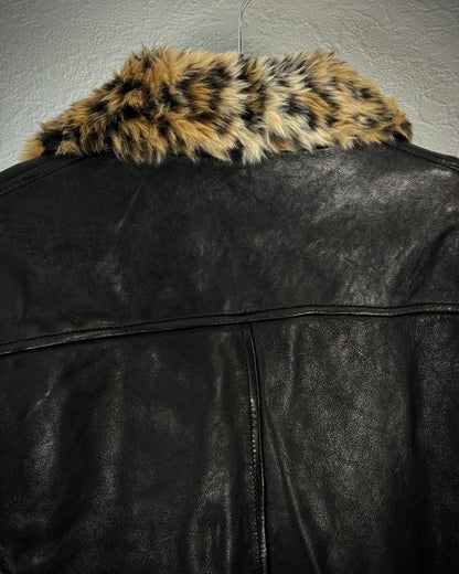 Glamb Leopard Fur Collar Leather Biker Jacket