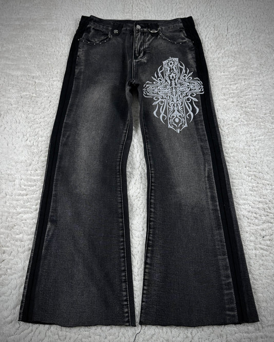 Cross Print Leather Hardware Detailed Wide Leg Bootcut Denim