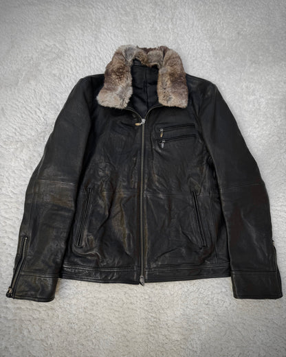 Comme Ça Men Rabbit Fur Collar Sheepskin Leather Jacket