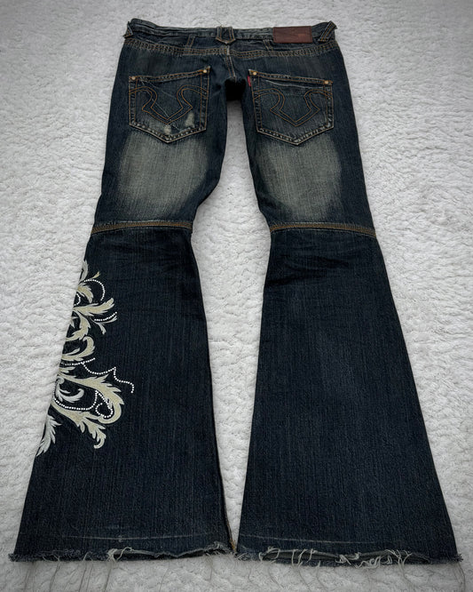 Tornado Mart Tribal Tattoo Embroidery Flared Denim