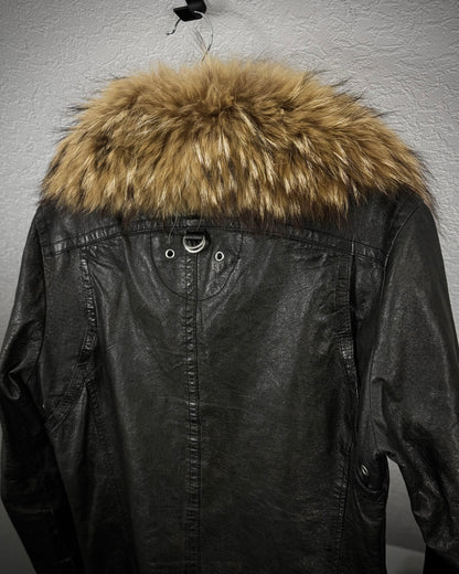 Atelier Sab Men Chunky Raccoon Fur Collar Leather Jacket