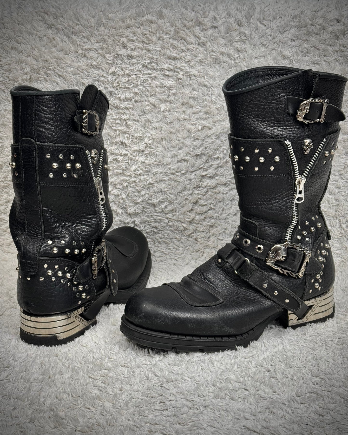 New Rock Steel Heel Studded Belted Leather Boots