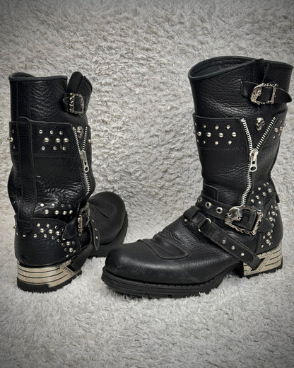 New Rock Steel Heel Studded Belted Leather Boots