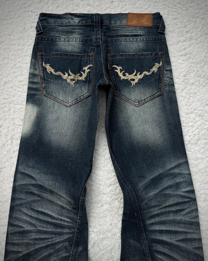 Tornado Mart Tribal Embroidery Spiral Flared Jeans