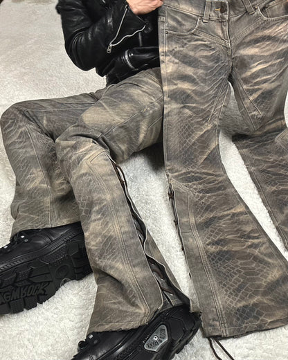 Tornado Mart Python Waxed Lace Up Flared Jeans