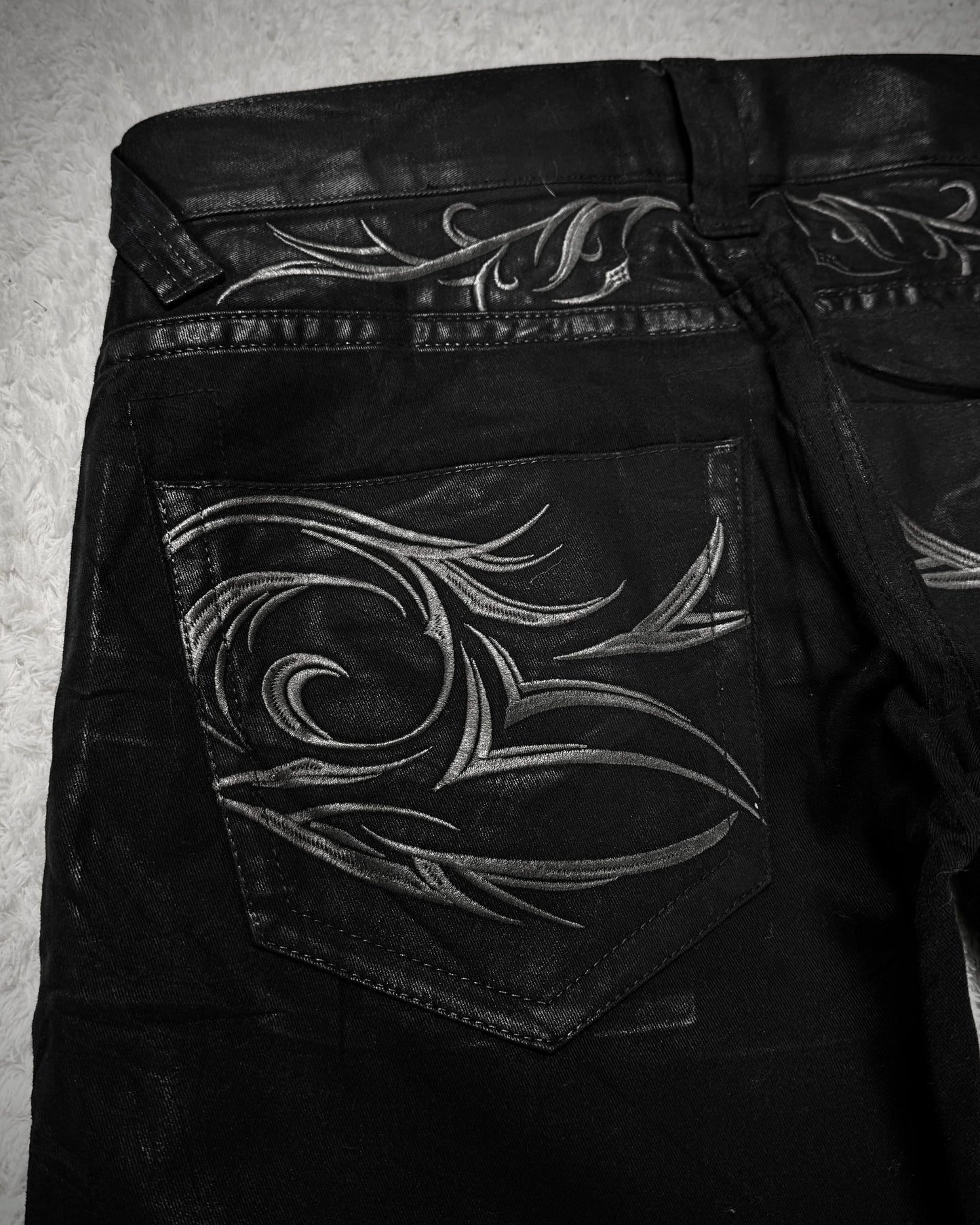 Tornado Mart Xray Waxed Tribal Embroidery Flared Jeans