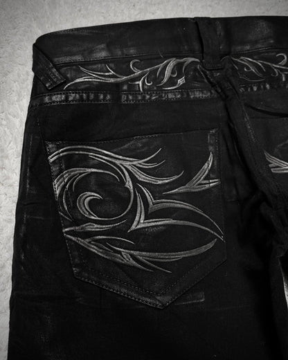 Tornado Mart Xray Waxed Tribal Embroidery Flared Jeans