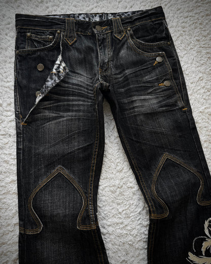 Tornado Mart Tribal Tattoo Embroidery Flared Jeans
