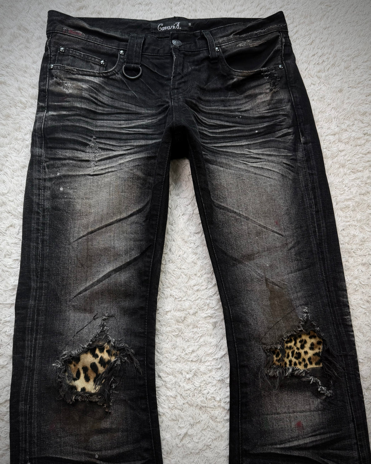 CavariA Leopard Repaired Clawmarks Flared Jeans