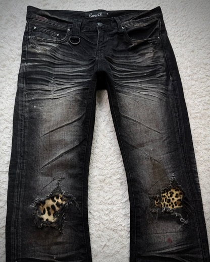 CavariA Leopard Repaired Clawmarks Flared Jeans