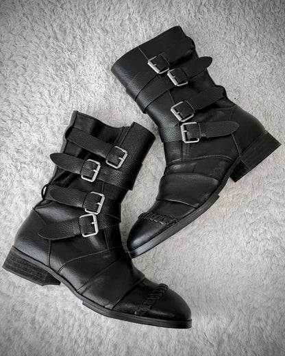 Scar Stitched Belted Wrinkled Leather Boots