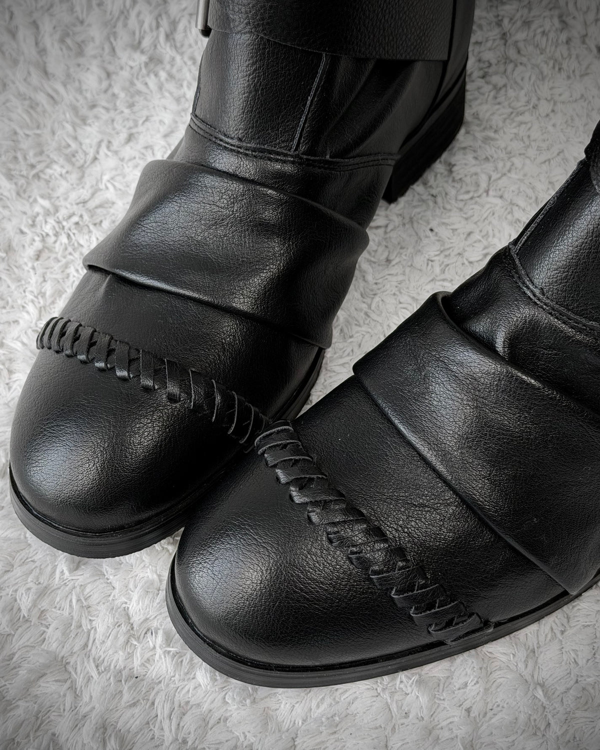 Scar Stitched Belted Wrinkled Leather Boots