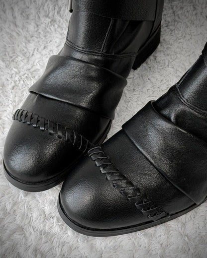 Scar Stitched Belted Wrinkled Leather Boots