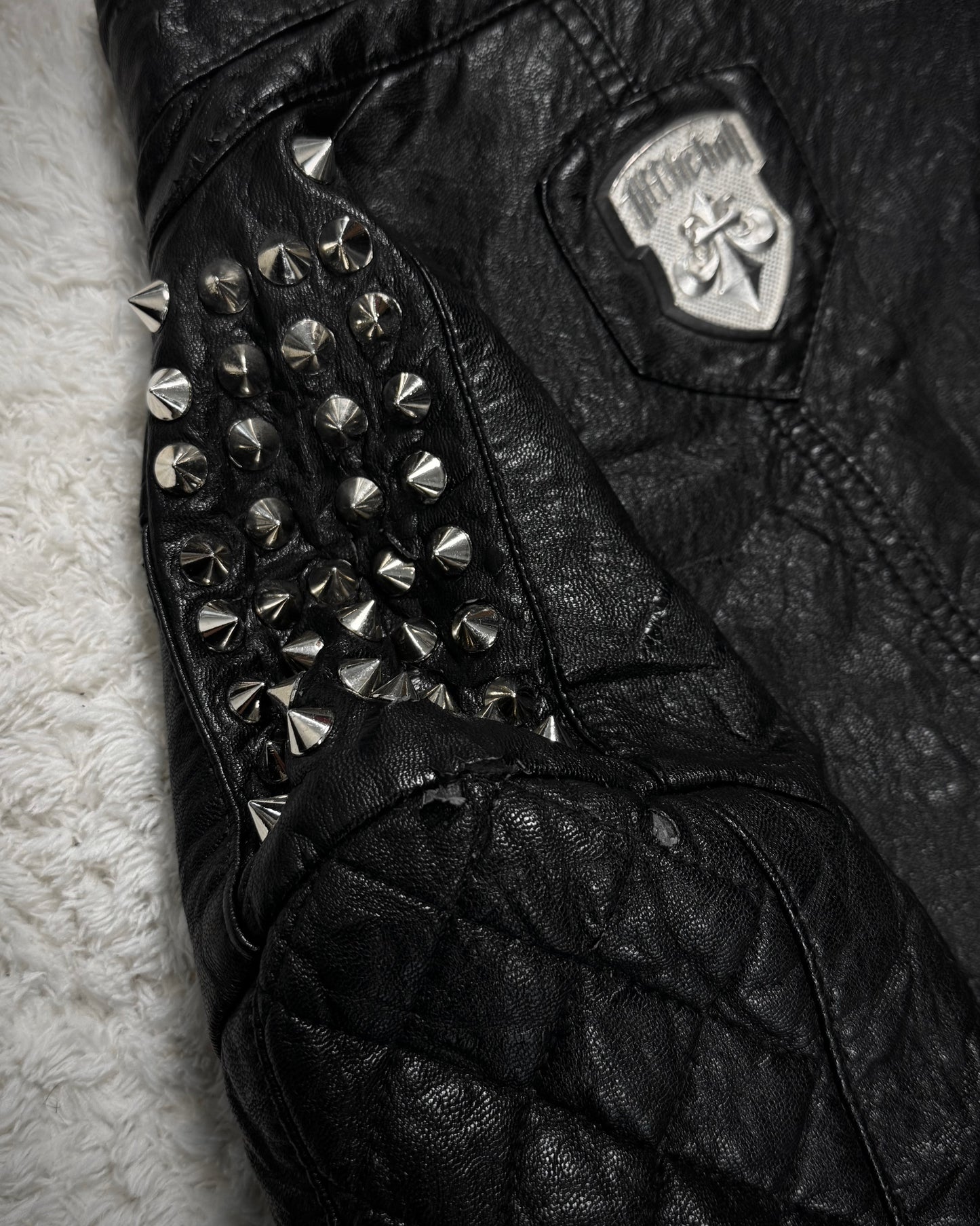 Affliction Spike Studded Metal Badge Leather Jacket