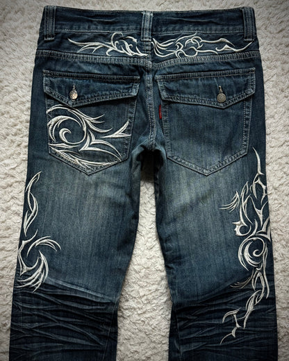 Tornado Mart Tribal Embroidery Whiskered Spiral Flared Jeans
