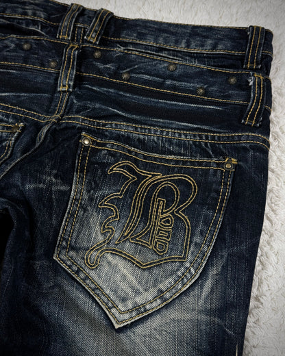 Buzz Spunky Double Waisted Lace Up Studded Patched Bootcut Denim