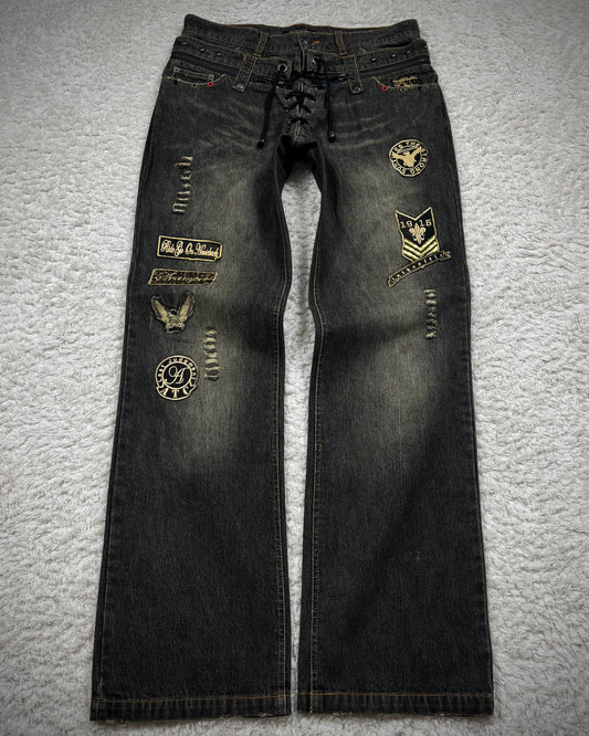 In The Attic Double Waisted Studded Lace Up Flared Jeans