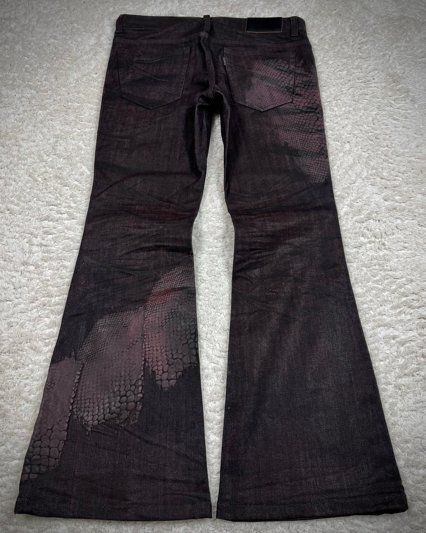 Tornado Mart 3D Python Coated Whisker Waxed Flared Jeans