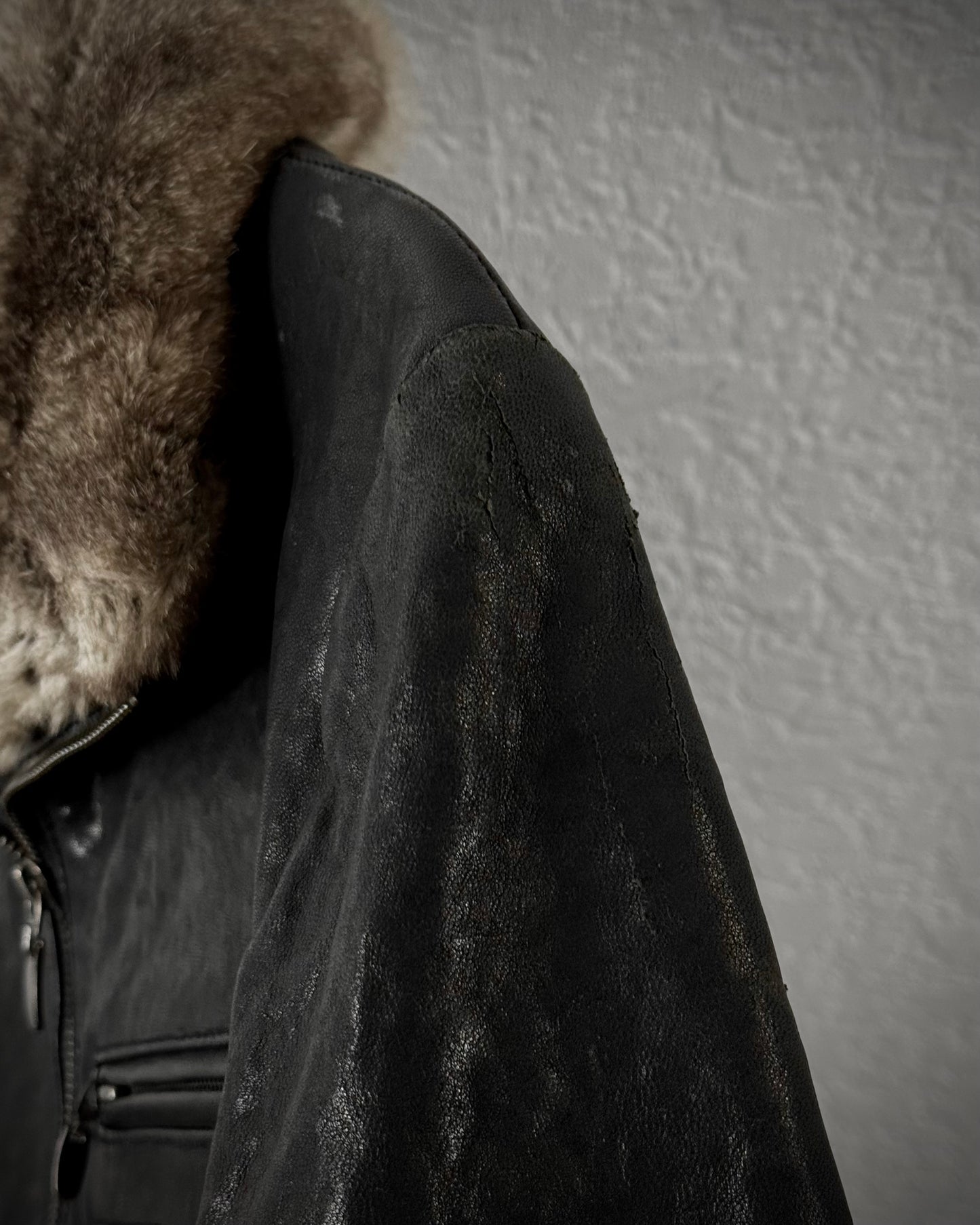 Comme Ca Men Rabbit Fur Collar Leather Jacket