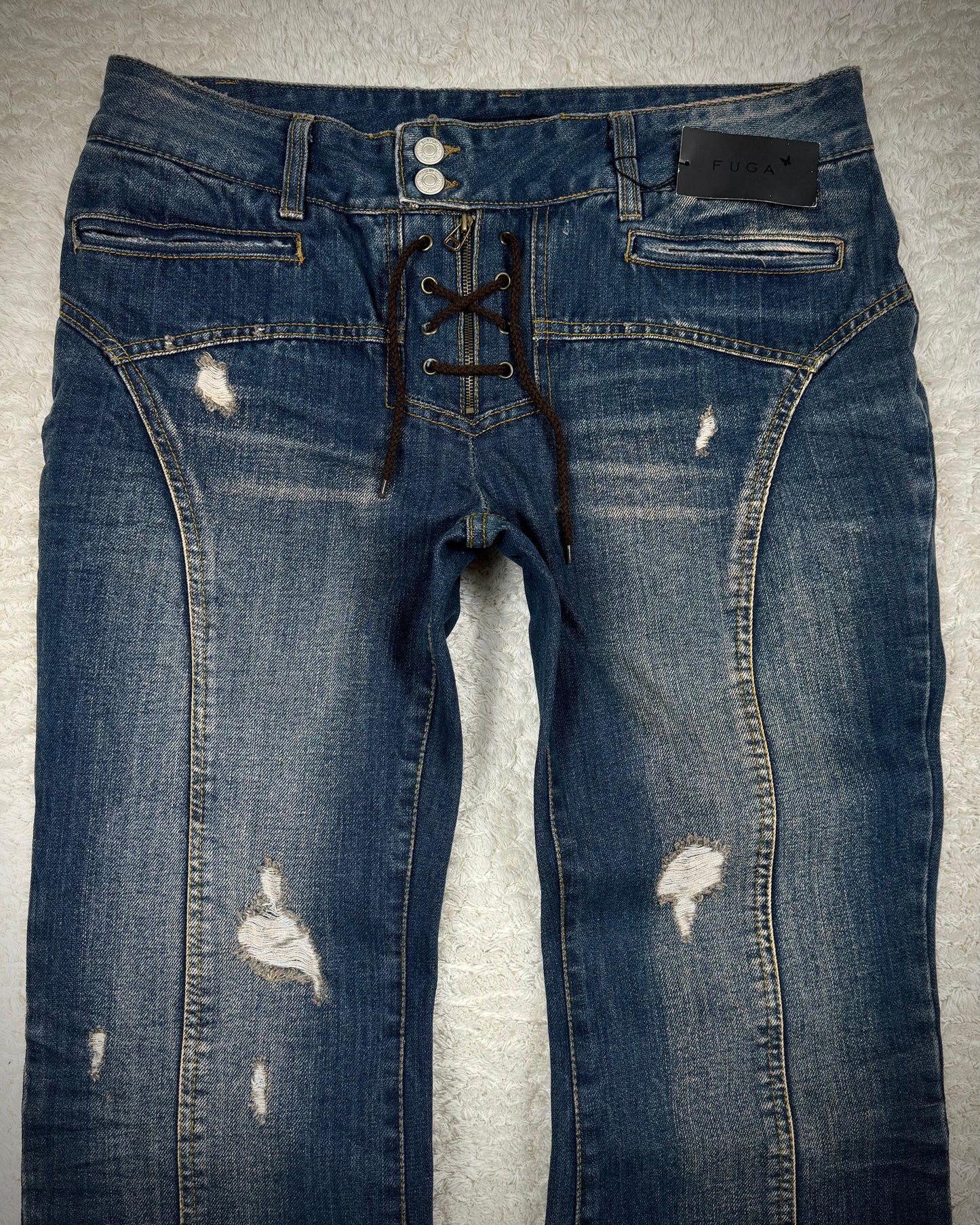 Fuga Lace Up Zipper Distressed Flared Jeans