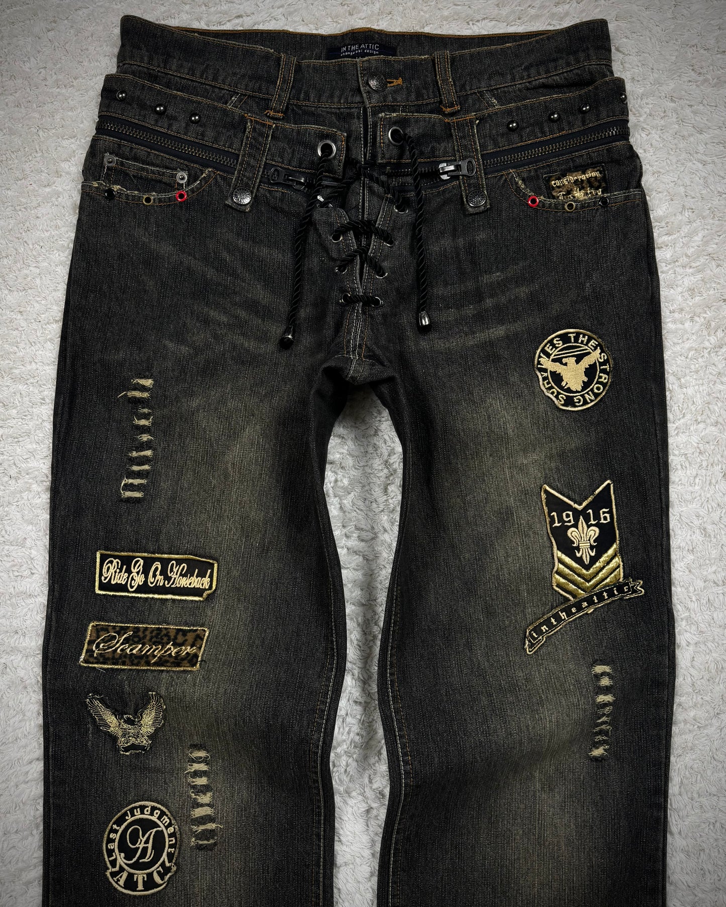 In The Attic Double Waisted Studded Lace Up Flared Jeans