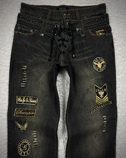 In The Attic Double Waisted Studded Lace Up Flared Jeans