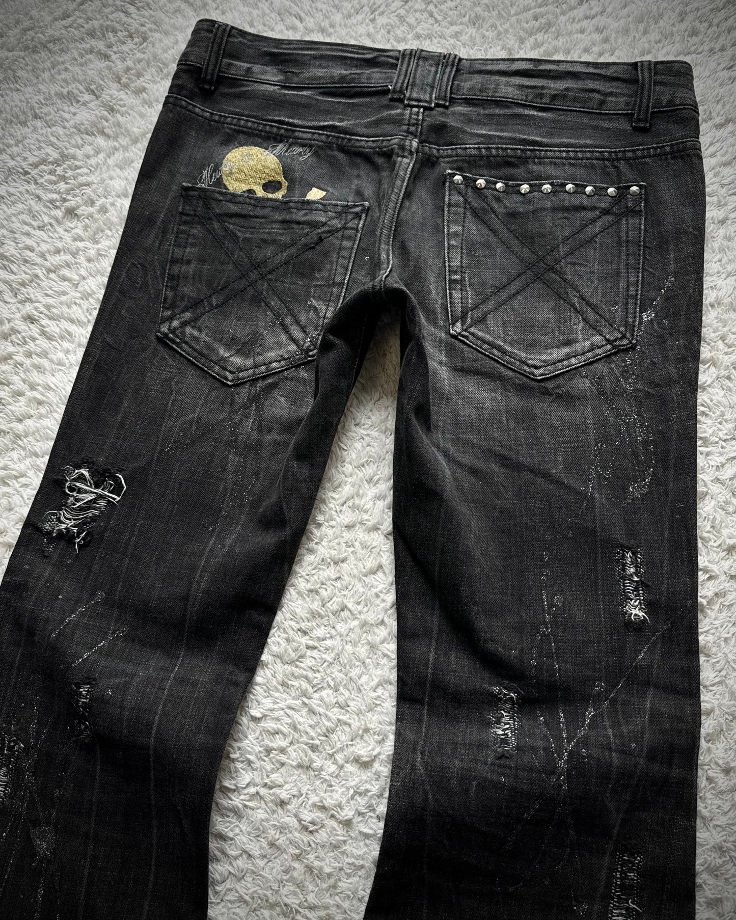 Glad News Silver Splatter Studded Skull Flared Jeans