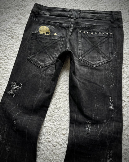 Glad News Silver Splatter Studded Skull Flared Jeans