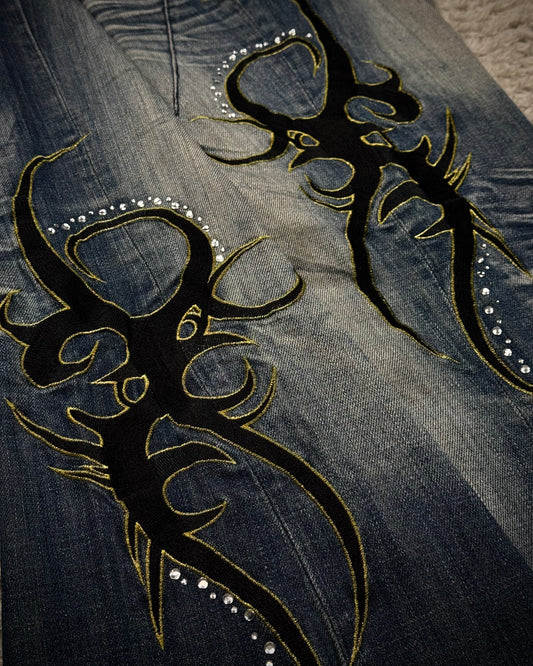 Tornado Mart Tribal Embroidery Clawmarks Flared Jeans
