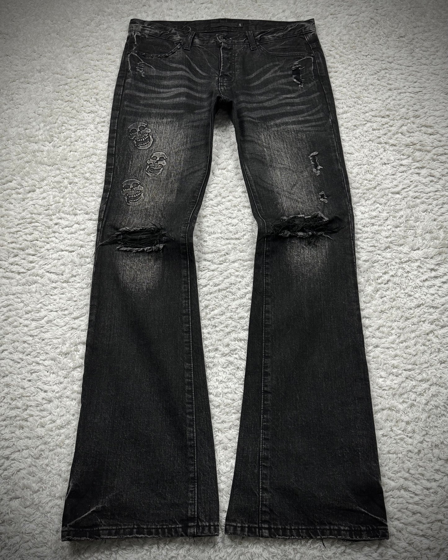 Fuga Skull Embossed Whisker Washed Flared Jeans