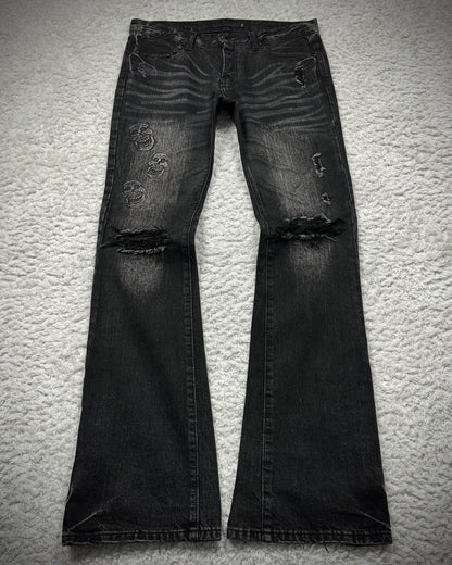 Fuga Skull Embossed Whisker Washed Flared Jeans