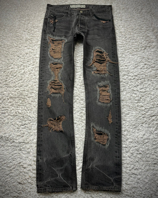 Slow Gun Mud Washed Stitch Repaired Distressed Slim Cut Denim